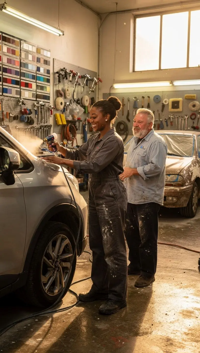 Bright and clean New York auto body workshop focused on restoring compact city vehicles efficiently.