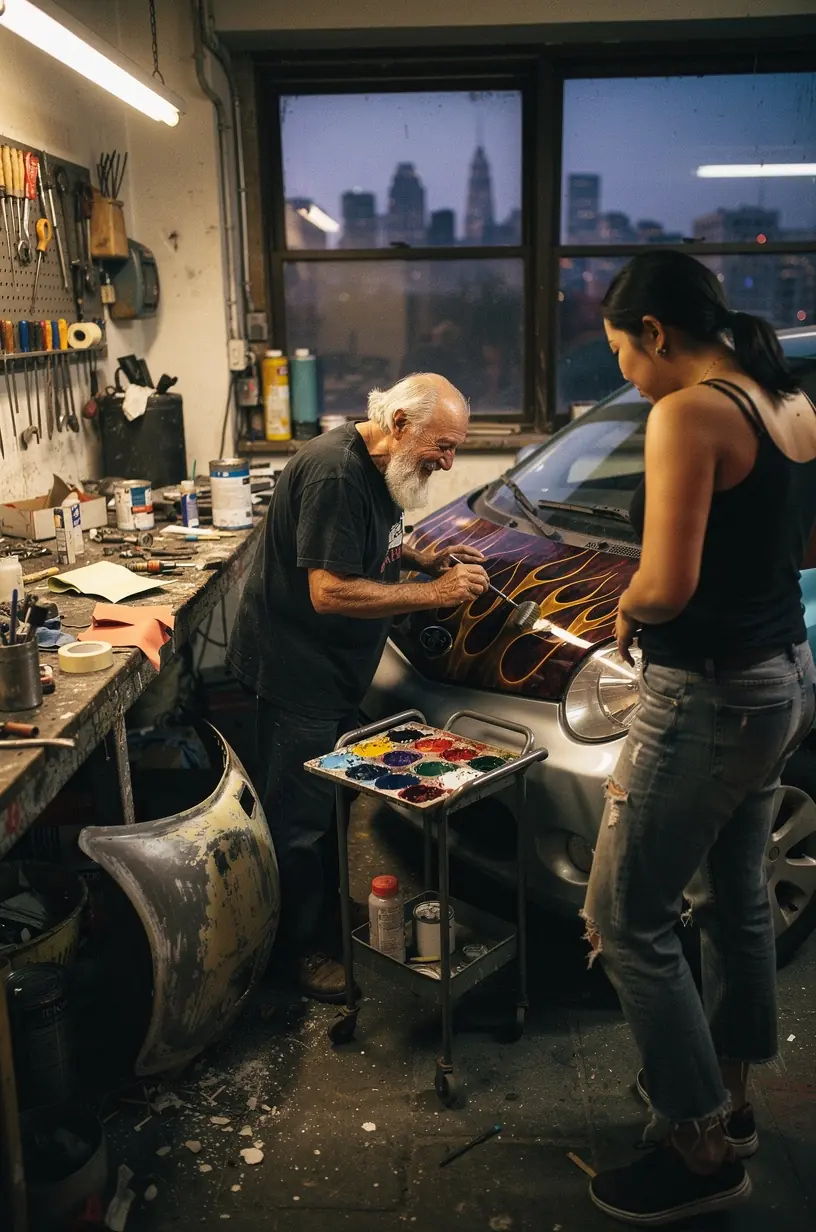 Detail shot of a technician sanding a compact car's surface to prepare for repainting in an urban repair studio.