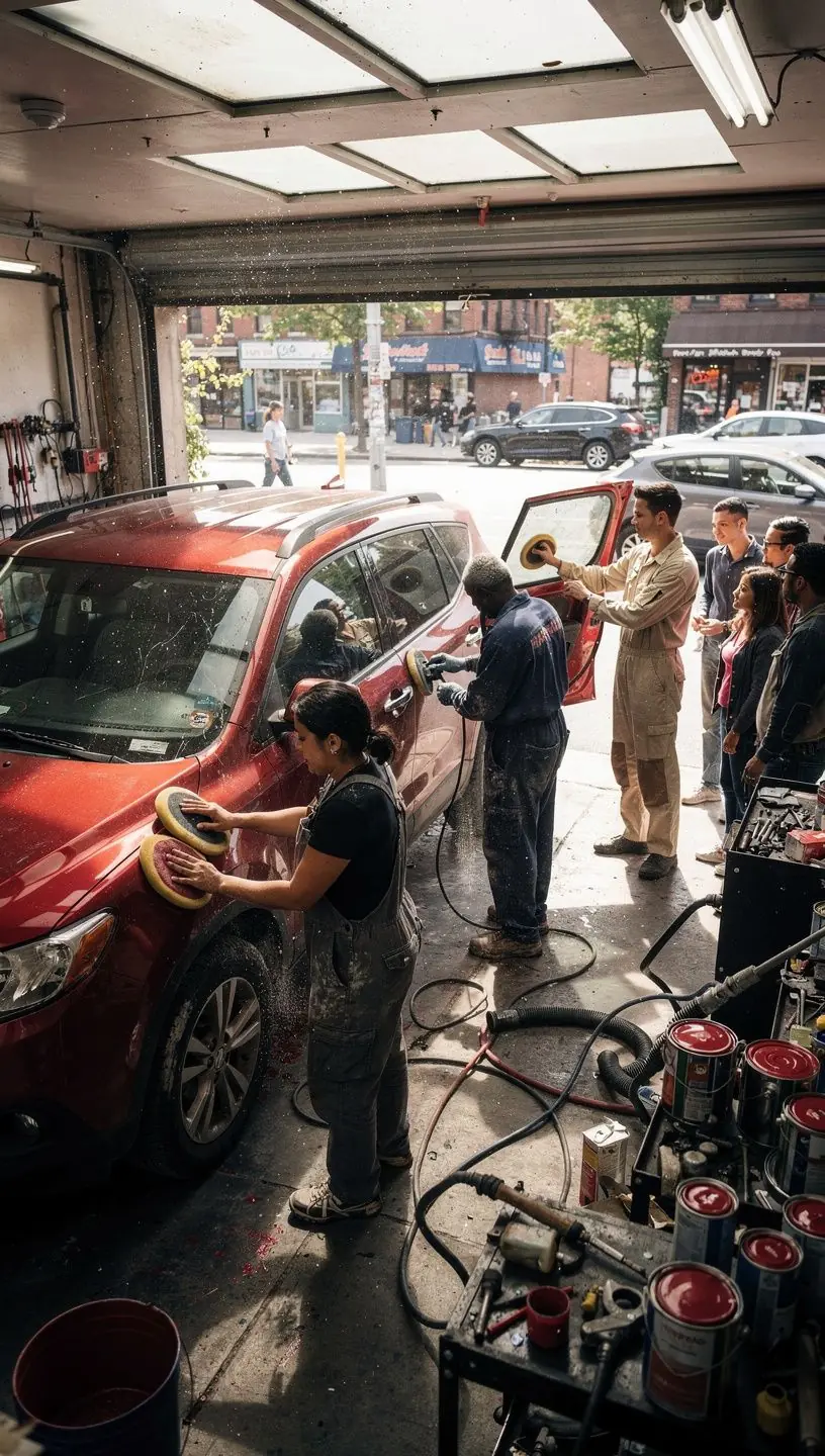 Experienced mechanic applying primer to a compact vehicle’s panel in a New York auto body repair facility.