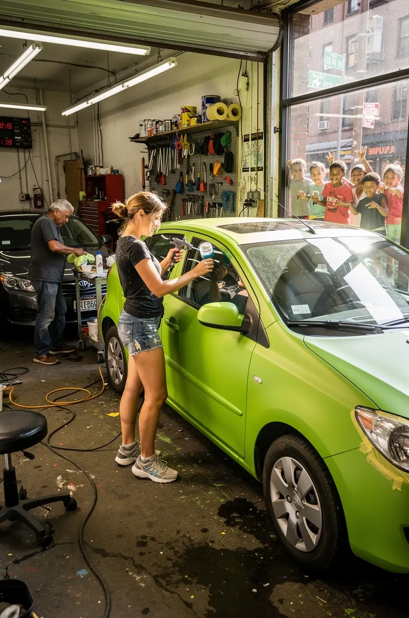 Auto body repair specialist inspecting a compact car for dents and scratches in a well-equipped New York studio.